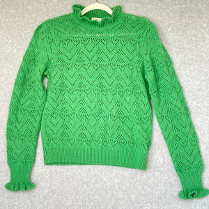 Sundance Womens Medium Green Pointelle Knit Sweater Ruffle Mock Neck Wool Blend